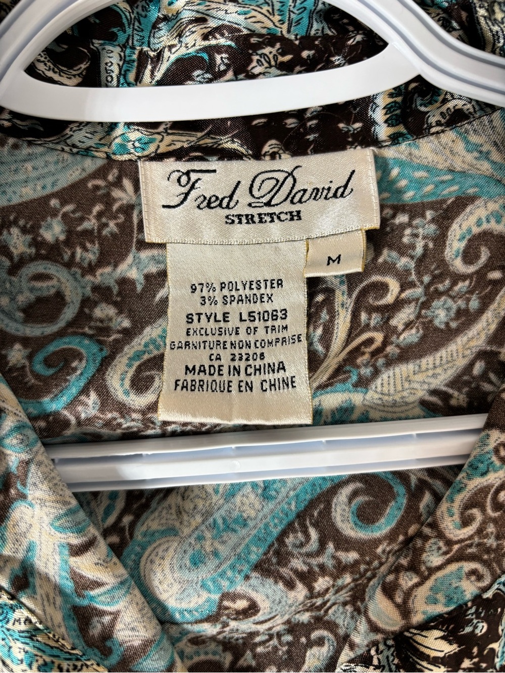 Paisley Button-Front Long-Sleeve Top in Teal and Brown Stretch - Picture 8 of 10